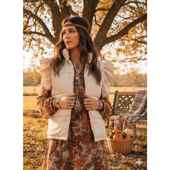 Mazik Ruffle Puffer Vest | Cream Boho Fall Layering Piece - Picture 1 of 13